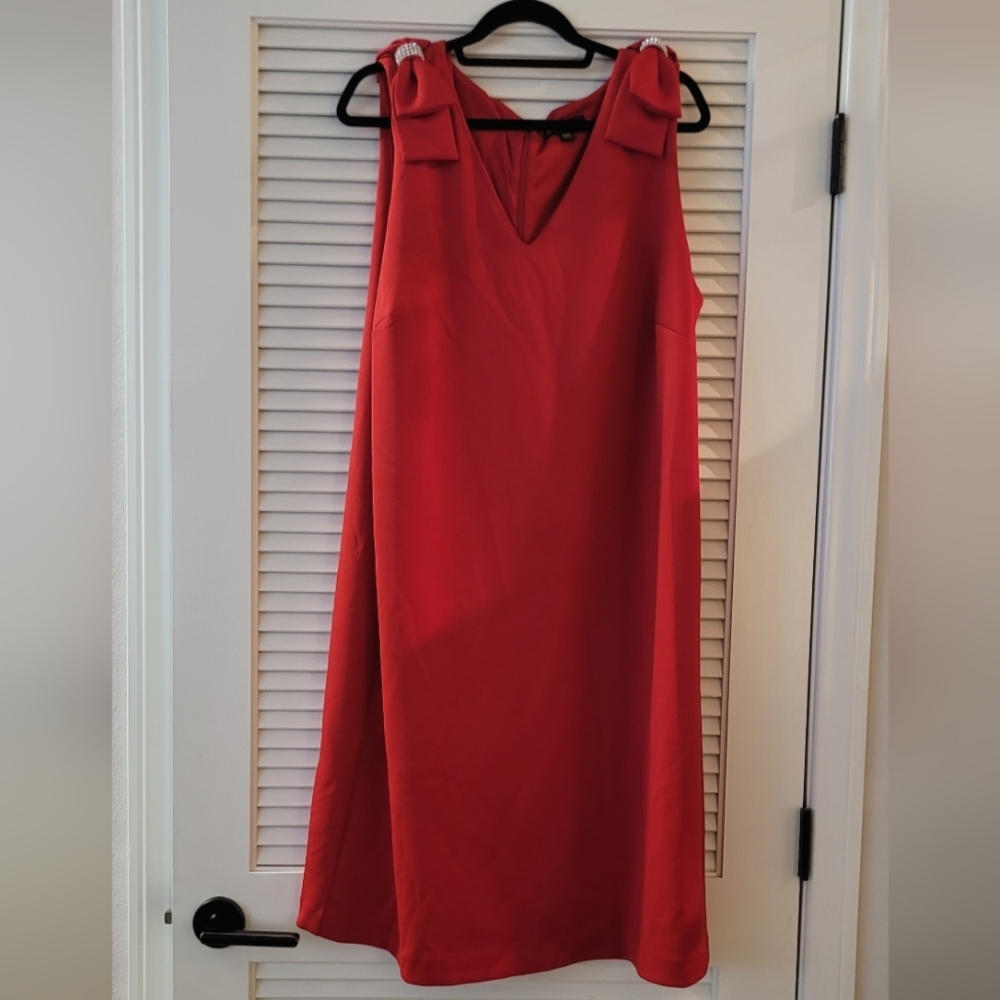 Shelby Nites - (Plus-Size) Red Long Sleeveless Dress With Rhinestone Bows